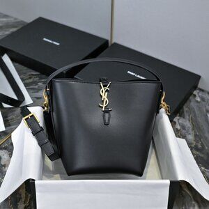 Yves Saint Laurent Black Leather Bucket Shoulder Bag with Gold YSL Logo